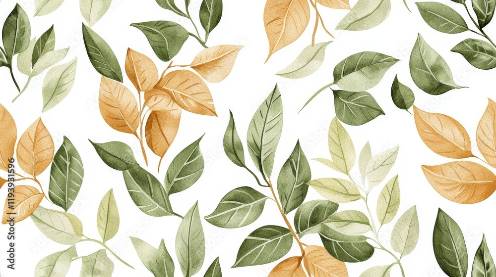 Obraz premium Elegant Leaf Pattern in Green and Orange Tones on White Background for Nature Inspired Designs