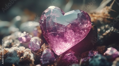 A faceted purple heart crystal surrounded by gemstones on an earthy surface