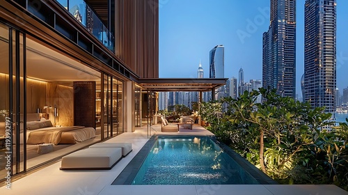 Luxury Dubai penthouse poolside view at dusk