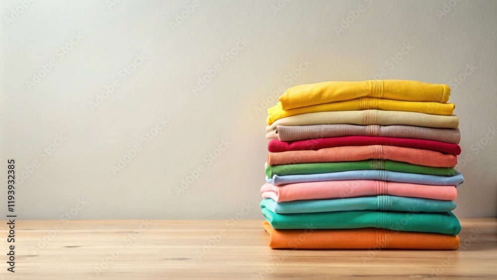 Neatly stacked colorful clothing items on a wooden surface Neatly stacked colorful clothing items on a wooden surface