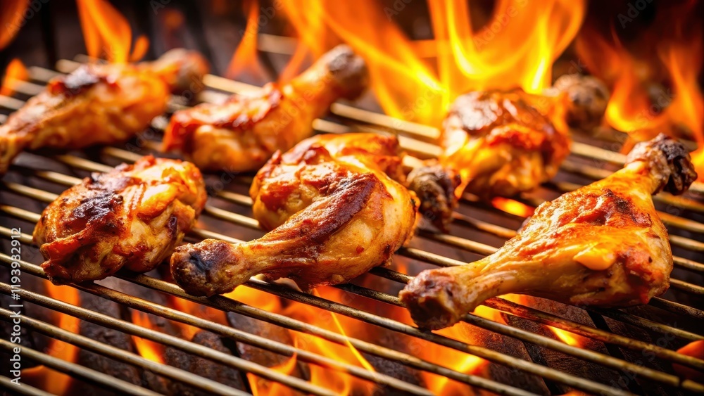 Chicken legs and wings on the grill with flames Chicken legs and wings on the grill with flames