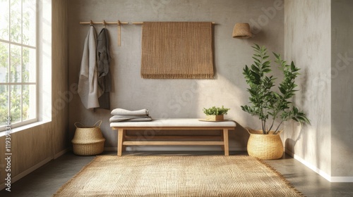 Serene Minimalist Entryway  Natural Textures and Warm Light