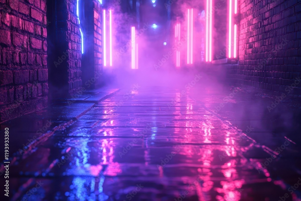 a neondrenched cyberpunk alley after rain holographic advertisements reflect in puddles rising steam creates ethereal patterns purple and blue lights pierce through fog dramatic urban nightscape a neondrenched cyberpunk alley after rain holographic advertisements reflect in puddles rising steam creates ethereal patterns purple and blue lights pierce through fog dramatic urban nightscape
