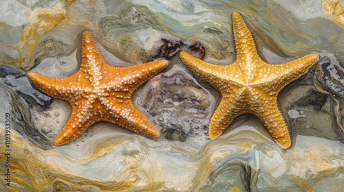 Two Starfish on Colorful Sandy Background photo