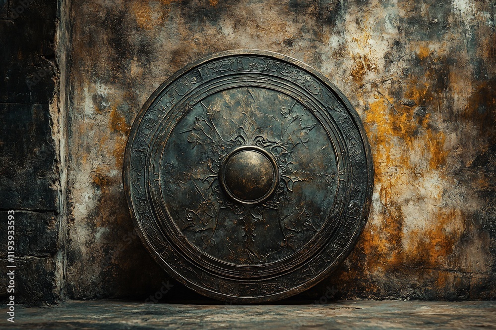 Naklejka premium Ancient bronze shield with intricate carvings against a rustic stone wall.
