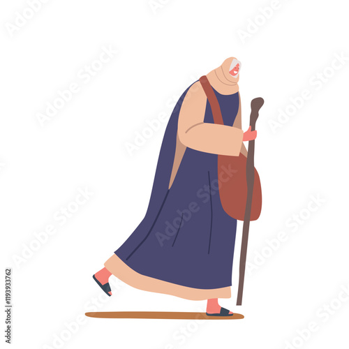 Ancient Israelite Woman Walks With Staff. Female Character Dressed In Traditional Clothing with Covered Head Carries Bag