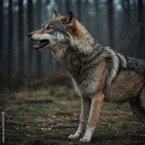 A wolf standing on its hind legs, growling fiercely. photo