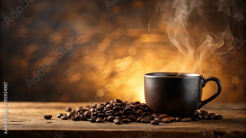 Aromatic Dark Roast Coffee in a Mug with Roasted Beans on Rustic Wood