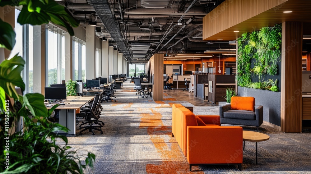 Naklejka premium A corporate office with green energy solutions like solar panels, emphasizing ESG standards in business and their role in promoting environmental sustainability.