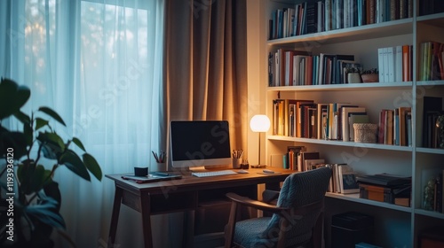A contemporary home office with a modern wooden desk  comfy chair  and bookshelves  featuring soft lighting from a desk lamp and sheer curtains
