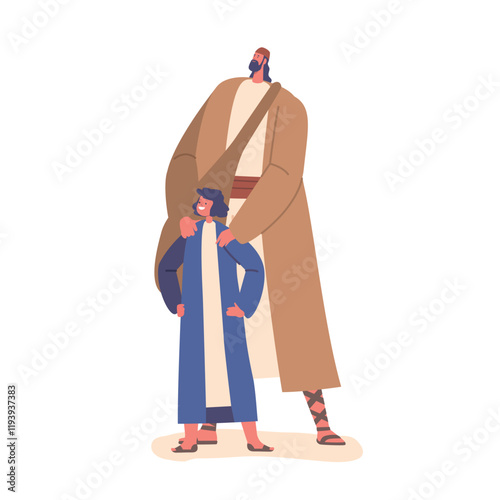 Ancient Israelite Man Holding His Young Son Shoulders. Historical or Biblical Characters Representing Fatherhood