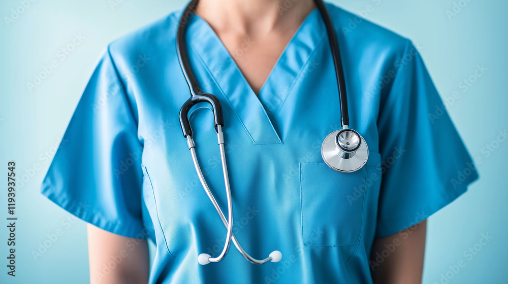 Female doctor, unrecognizable, wearing surgical pajamas Female doctor, unrecognizable, wearing surgical pajamas