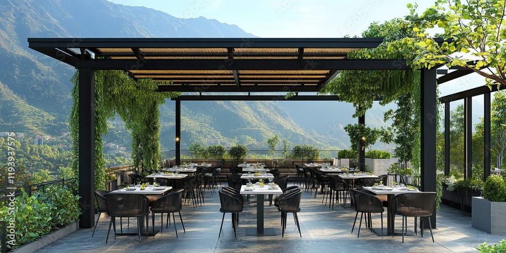 Fototapeta premium Mountain View Rooftop Restaurant Terrace Dining Area