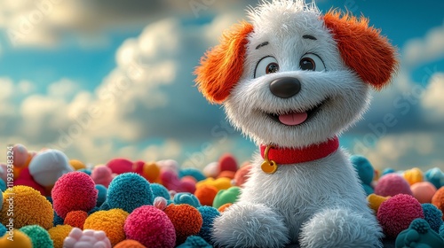 Happy cartoon puppy sitting amidst colorful pom-poms against a bright sky. photo