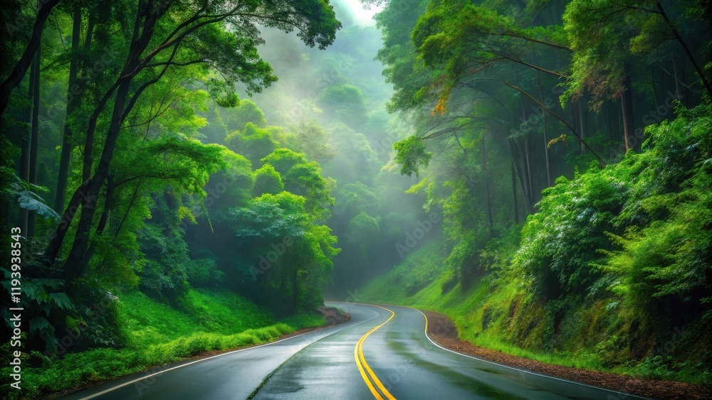 Misty Forest Road Winding Through Lush Green Canopy Misty Forest Road Winding Through Lush Green Canopy