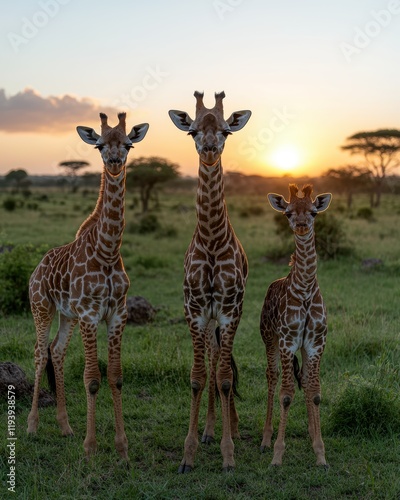 Three giraffes standing in the savanna at sunset