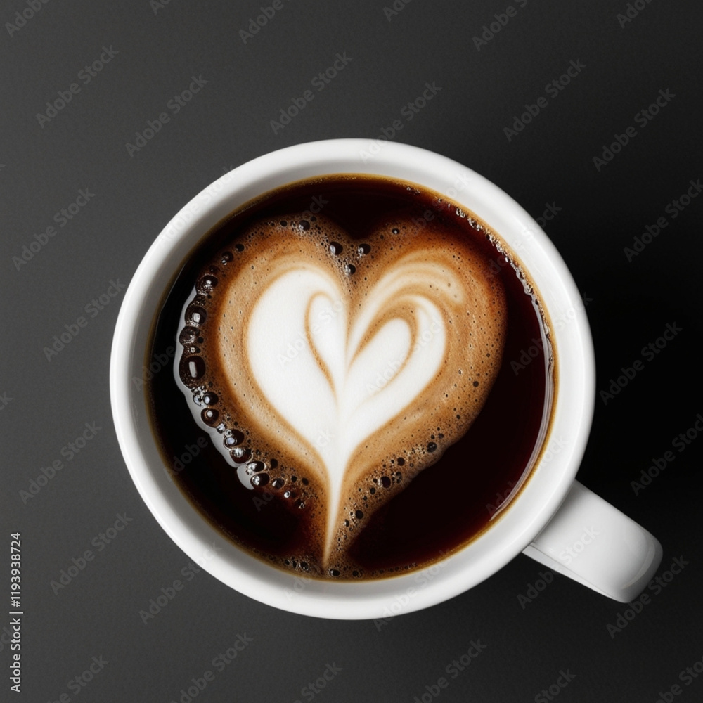 Cup of espresso coffee with heart latte art, in white mug isolated on neutral grey background Cup of espresso coffee with heart latte art, in white mug isolated on neutral grey background