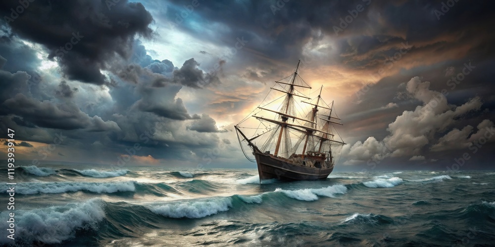 Fototapeta premium A majestic sailing vessel navigates tumultuous ocean waves under a dramatic sky