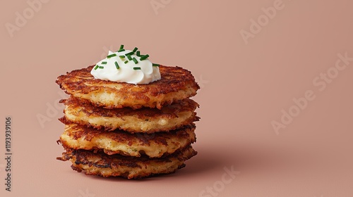 Delicious potato pancakes with sour cream and chives photo