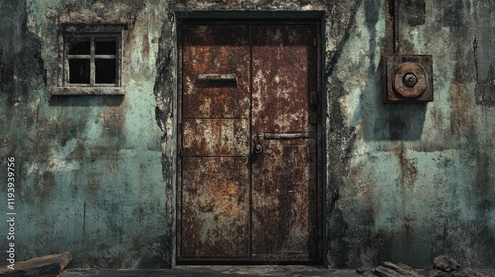 A grungy, old rusty metal door with corroded texture, set against a weathered backdrop, symbolizing decay and neglect. A grungy, old rusty metal door with corroded texture, set against a weathered backdrop, symbolizing decay and neglect.