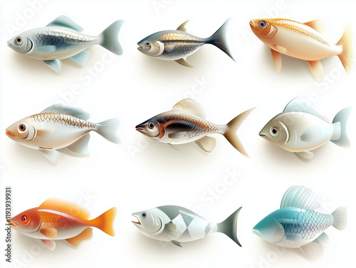 9 icônes de poissons en 3D sur fond blanc photo