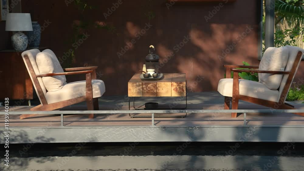 chinese house terrace, wooden balcony with table, couch with iron teapot