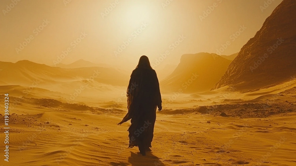 Silhouette of Woman Walking in Desert at Sunset with Golden Light Silhouette of Woman Walking in Desert at Sunset with Golden Light