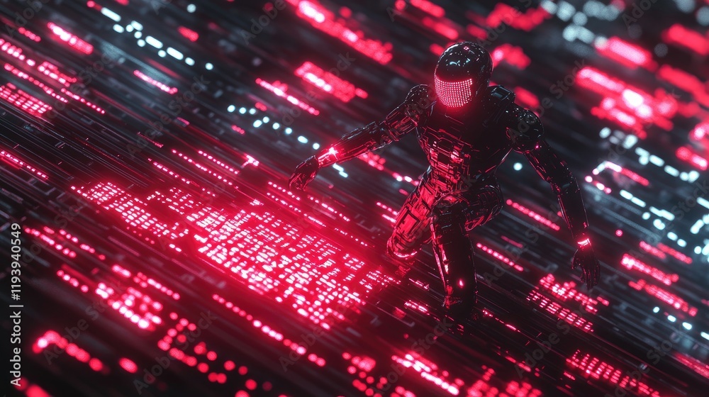 Obraz premium A humanoid robot interacting with glowing AI text amidst a network of futuristic circuits, symbolizing the future of technology and artificial intelligence