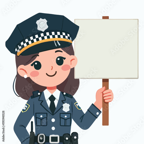 cheerful cartoon illustration of a female police officer holding a blank sign