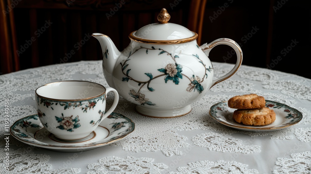 Elegant tea set with floral pattern and delicate cookies on a lace tablecloth Elegant tea set with floral pattern and delicate cookies on a lace tablecloth