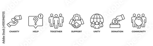 Volunteering banner web icon illustration concept for volunteer aid assistant with icon of charity, help, together, support, unity, donation, and community