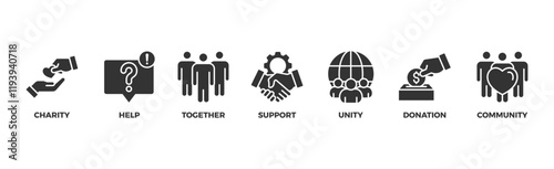 Volunteering banner web icon illustration concept for volunteer aid assistant with icon of charity, help, together, support, unity, donation, and community