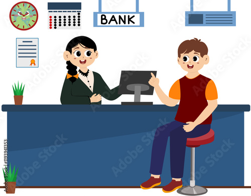 Vector illustration of a bank day. Bank card or credit application. Banking Service Set, Bank Managers and Clients, People Standing at the Bank Office and Making Financial Operations  Illustration