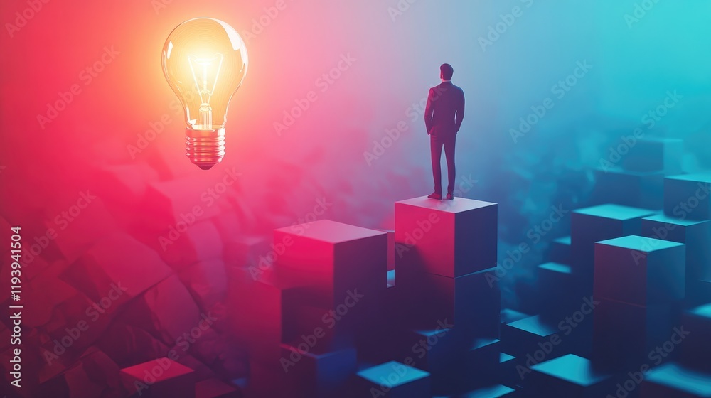Fototapeta premium A man standing on cubes with his gaze fixed on a glowing lightbulb, representing the pursuit of ideas, knowledge, and innovation in business