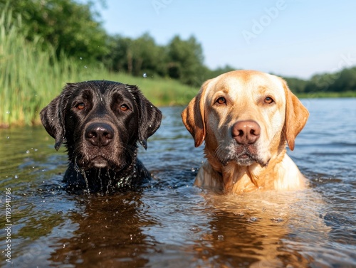 Two dogs, a black lab and a yellow lab, enjoying a refreshing swim in a lake on a sunny day.