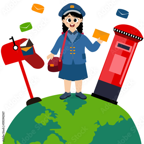 Happy World Post Day, there are people delivering letters to the post office. World Post Day celebration card. Postcard design for postal service worker congratulatory vector illustration