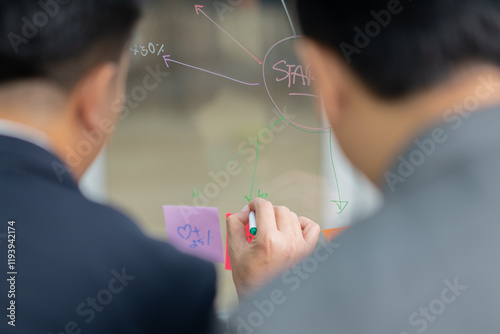 executives business asian entrepreneur of small company putting a adhesive note on glass in office during team meeting formulating business strategies. photo