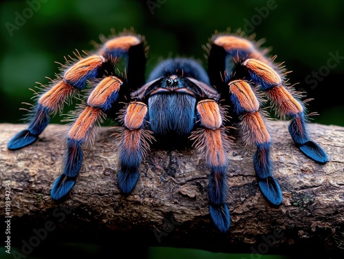 Close-up of a vibrant blue and orange tarantula spider on a tree branch photo