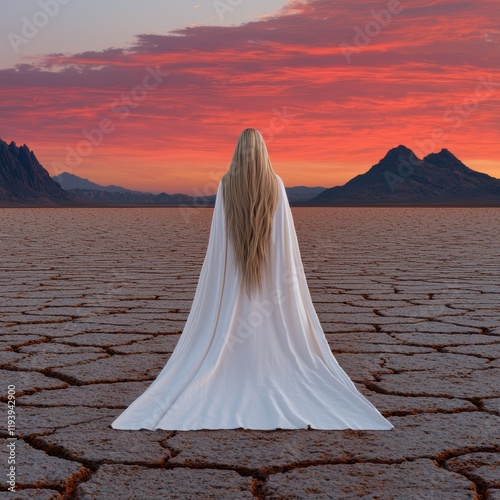 Woman in white robe standing in cracked earth desert at sunset photo