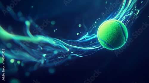 A dynamic tennis ball surrounded by vibrant, flowing light effects.