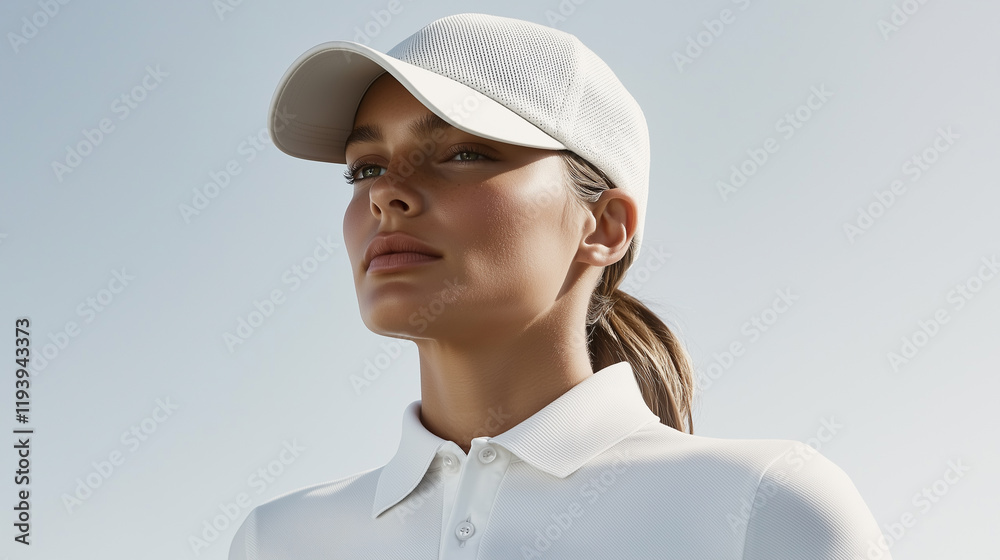 A minimalist studio shot of a model wearing a stylish golf polo shirt and cap, highlighting the design details A minimalist studio shot of a model wearing a stylish golf polo shirt and cap, highlighting the design details