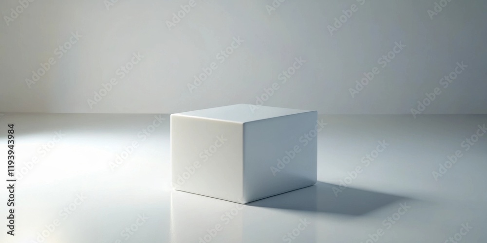Obraz premium A single, off-white cube sits on a pristine white surface, illuminated by a soft light source casting a subtle shadow.