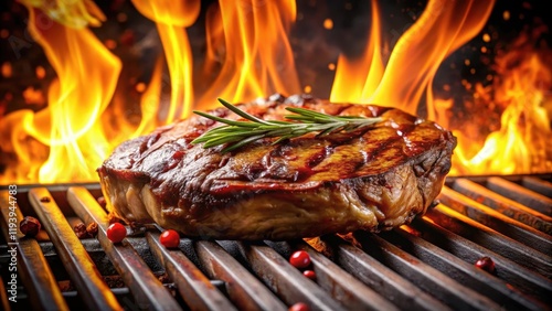 Juicy grilled beef steak with a caramelized crust on a sizzling hot grill set against a fiery flames background, steakhouse photo