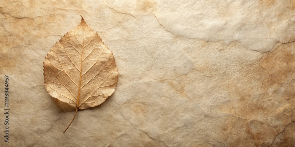 Fototapeta premium Single Dried Leaf on Textured Parchment Paper Background