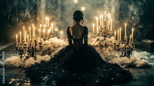 Woman in black gown seated amidst lit candles.