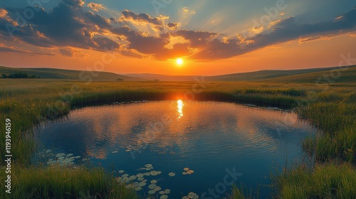 Serene Sunset Over Tranquil Pond Surrounded by Lush Greenery and Golden Skies, Capturing Nature's Beauty and Peaceful Atmosphere in a Scenic Landscape