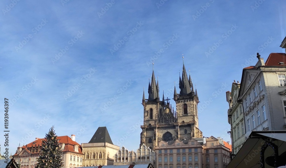 Fototapeta premium Panoramic View of Old Town Square Highlighting the Gothic Church of Our Lady Before Týn