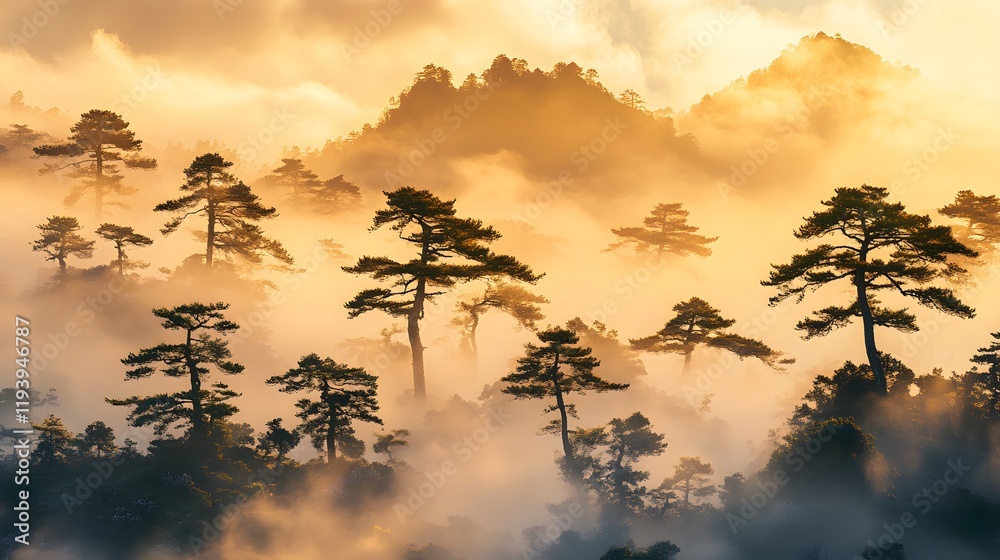 Fototapeta premium Golden Sunrise Illuminates Misty Mountain Pines