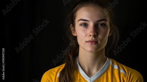 A focused young athlete in a yellow sports jersey, showcasing determination and strength.