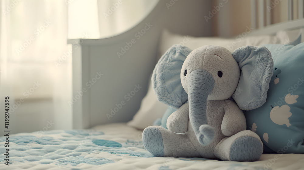 Fototapeta un hermoso elefante de peluche recargado sobre la cama infantil de un niño habitacion infantil decorada para niños pequeño